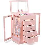 Emfogo Jewelry Box for Girls, Musical Jewelry Box with Spinning Dancer Gifts for Little Girls Christmas New Year Birthday Children's Day, 5 Layer Large Wooden Kids Music Jewelry Organizer Box(Pink)