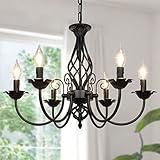 6-Light Farmhouse Candle Chandelier for Living Room, Rustic Industrial Pendant Ceiling Light fixture, Vintage Hanging Lamp for Bedroom Hallway Kitchen Dining Room Foyer, Matte Black E12 Socket