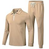 MoFiz Men's Track Suit Set 2 Piece Running Workout Sweatsuit Quarter Zip Long Sleeve Shirt Suit Comfortable Casual Outfits (Light Khaki,Large)