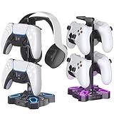 KDD Gaming Headphones Stand, Rotatable Headset Stand with Light Modes - Controller Holder with 2 USB Charging Ports and 3.5mm - Earphone Hanger Accessories for Desktop Gamer(Black)