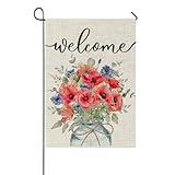 Welcome Garden Flags Mason Jar 12x18 Inch Double Sided Red Watercolor corn poppy Garden Flag for Outside Small Burlap Holiday Flag for Patio, Lawn & Garden Outlet Decor