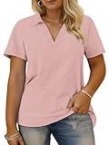 Plus Size Shirts for Women Short Sleeve Tees V Neck Casual Collar Polo Tunics Coral 2XL