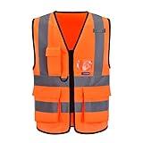 A-SAFETY Orange High Visibility Safety Vest Reflective,3M Multi Pockets Working Vest Working Uniform Zipper Front ANSI/ISEA Standards 7 Pockets Class 2,Large