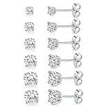 18K White Gold Plated 4 Pong Round Clear Cubic Zirconia Stud Earring Pack of 6 Pairs (6 Pairs)