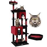 Globlazer S72 Heavy Duty Gothic Cat Tree, 72in Large Cat Tower with Coffin Bed, Sturdy Maine Coon Cat Tree for Large Cats 20 lbs+, Medieval Castle Style with 6 Scratching Posts & Hammock, Black & Red