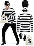 FancyFun 5 Pieces Halloween Costume Set, Men's Robber Costume Halloween Cosplay Costumes Burglar Accessories Striped Shirt for Adult M