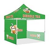 Bubble Tea Tent, Heavy Duty Outdoor Canopy Tent 10x10, Bubble Tea Themed Business Vendor Tent for Pop Up Market Boba Beverages Advertising Canopy with Roller Bag, Back Wall, Sidewalls and Rails