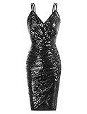 Women's Club Night Out Dresses V-Neck Ruched Sequin Glitter Party Dress Black L