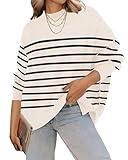 ZESICA Women's Fall Casual Long Sleeve Crew Neck Side Slit Oversized Ribbed Knit Pullover Sweater Tops,ApricotStripe,Small