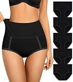 DUKAWA High Waisted Cotton Womens Underwear Tummy Control Black Briefs C Section Postpartum Plus Size Panties For Ladies 5-Packs Large