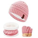 Girls Winter Hat Scarf Gloves Set for Cold Weather, Kids Beanie Hat Infinity Scarf Mittens Gloves Sets Pink Knit Thick Warm Fleece Lined Thermal Set for 2-6 Years Old Boy Baby Toddler Children