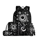ELEDIZI Gothic Sun Moon Stars Backpack for Girls Kids Backpack with Lunch Box Water Bottle Holder and Soft Pencil Case 4PCS Set Bookbag with Front Pocket for School 17 inch Large Capacity School Bag