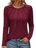 Micticsi Womens Tunic Tops Long Sleeve Shirts Office Work Pleated Shirts Dressy Casual Loose Fit Fall Winter Tops 2024 Wine Red