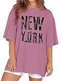 rosemia Oversized Tshirts for Women Summer Short Sleeve Round Neck Graphic Tee Shirt, Pink Black New York, M