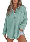 SHEWIN Womens Waffle Knit Shirts Casual Batwing Long Sleeve Shacket Lightweigt V Neck Button Up Tops with Pocket Spring Clothes for Women 2025, US 8-10(M), Green