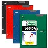 Five Star 2 Pocket Folders, 4 Pack, Stay-Put Folders, Plastic Colored Folders with Pockets & Prong Fasteners for 3-Ring Binders, 11” x 8-1/2”, Black, Red, Green, Blue (38049)