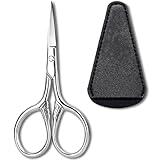 Kootinn Small Facial Hair Scissors, Stainless steel Straight Tip Snips Beauty Grooming Kit for Eyebrows, Nose, Ear, Beard, Moustache Trimming with Leather Case - Silver