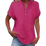 Cotton Summer Tops for Women 2025 Womens Short Sleeve Plus Size Henley V Neck Dressy Casual Loose Fit Linen Shirts 2025 Summer Fasion Comfy Blouses Hot Pink