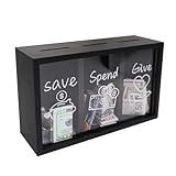 Mczxon Wooden Give Save Spend Money Saving Box for Kids, Money Coin Savings Piggy Bank Jar Box for Kid Safe Money Saver, Teach Children About Giving Saving Giving Money Piggy Box for Boys Girls, Black