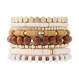 GOOJIDS Surfer Heishi Clay Bead Bracelets for Women Bohemian Stackable Gold Beaded Stretch Bracelets Elastic Layering Friendship Bracelets Set Boho Jewelry (X-Light Brown Set)