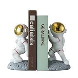 Banllis Space Theme Bookends for Shelves, Astronaut Moon Book Ends for Kids Room, Decorative Planet Book Stoppers to Hold Books Heavy Duty, Unique Boys and Girls Gift (Gray)