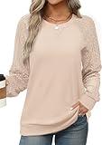 Ohhettm Sweatshirt for Women 2024 Casual Crewneck Cable Knit Long Sleeve Pullover Fall Lightweight Sweaters Tunic Top Khaki M