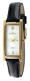 Peugeot Women's Slim 14K Gold Plated White Mother of Pearl Dial Black Leather Thin Strap Dress Watch 3017BK