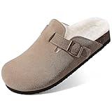 KIDMI Women's Fur Lined Suede Clogs Fuzzy Cork Footbed Mules Slip On Winter Potato Shoes, Taupe 40 (Size 8.5-9)