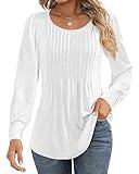 Ficerd Women's Puff Long Sleeve Tunic Tops Pleated Crew Neck Blouses Dressy Casual Loose Fit Winter and Spring Shirts(Medium,White)