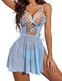 Avidlove Babydoll Lingerie For Women Lace Floral Lingerie Dress Sexy Nightgown Light Blue L