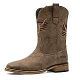 MacePhenoMelon Cowboy Boots For Men Square Toe Brown Western Men's Boots Vegan Leather Retro Pull On Country Short Boots DBR-11