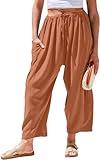 TARSE Womens Plus Size Linen Wide Leg Pants Casual Loose Drawstring Low Waist Beach Palazzo Harem Pants with Pockets(Redbrown,XL)