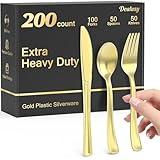 Dealusy 200 Count Heavy Duty Gold Plastic Silverware, 100 Forks, 50 Spoons, 50 Knives, BPA-Free, Heat Resistant, Disposable Gold Plastic Utensils Set, Gold Plastic Cutlery Set, Plasticware Bulk