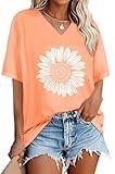 Oversized Tshirts for Women V Neck Short Sleeve Summer Casual Basic Loose Tops, Orange White Sunflower, L