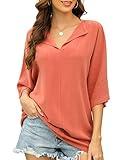 Dulayoo Linen Shirts for Women Plus Size Loose fit 3/4 Sleeve Collared Solid Cotton Tops Oversized Business T Shirt, Brown