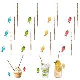 AHQiZFX 20 Pieces Fishing Cake Topper, Mini Fish Pole Decoration, Little Fisherman Picks, Themed Party Supplies for Birthday Drink Cake Decoration