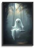 ILLBDR Cute Ghost Canvas Wall Art Halloween Decor Vintage Painting, Spooky Silhouette Ghost Haunted House Art, Bedroom Gothic Decor Ready to Hang, 12x16 Inch Unframed