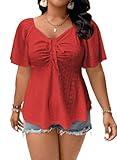 Eytino Womens Plus Size Tops Sweetheart Neck Short Sleeve Eyelet Embroidery Loose Summer Peplum Blouse Shirts,2X Red