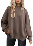 LILLUSORY Women's Oversized Batwing Sweaters 2025 Fall Outfits Trendy Crewneck Knit Side Slit Fashion Pullover Tops Nutmeg L