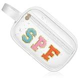 COSHAYSOO Clear SPF Makeup Bag Sunscreen Cosmetic SUN Zipper Pouch with Preppy Chenille Letter Patch, Small Beach Travel Purse Gifts for Women Teens, Cute Toiletry Make Up Traveling Stuff Organizer