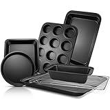 EWFEN Bakeware Sets, Baking Pans Set, Nonstick Oven Pan for Kitchen with Wider Grips, 7-Piece with Round/Square Cake Pan, Loaf Pan, Muffin Pan, Cookie Sheet, Roast Pan, Cooling Rack, Carbon Steel Bake