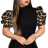 acelyn Women Sexy Sparkle Shimmer Sequin Top See Through Mesh Puff Short Sleeve Tunic Shirt Holiday Party 01-Gold L