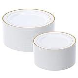 FOCUSLINE Gold Plastic Plates Set of 60, Disposable Plates with Gold Rim 30 Dinner Plates 10" and 30 Salad Dessert Appetizer Plate 7", Elegant Fancy Heavy Duty Wedding Party Plates