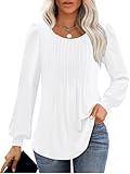 Long Sleeve Shirts For Women Fall Fashion 2024 Womens Tunic Tops Pleated Crew Neck Puff Sleeve Blouses Dressy Casual White