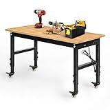 Betterhood 48" Adjustable Workbench for Garage, Rubber Wood Heavy Duty Workstation with Power Outlets & Wheels, 2000 LBS Load Capacity Hardwood Worktable for Workshop, Garage, Office, Home, Commercial