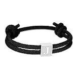 BHDJSHX Personalized Initial Rope Bracelet, Adjustable Handmade Braided Black Cord, 7-13 Inches, Unisex (J)