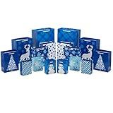 Image Arts Assorted Christmas Gift Bags Bulk - Blue Plaid, Snowman, Deer, Tree, Snowflakes (16 Bags: 6 Small 5", 6 Medium 8", 2 Large 11", 2 XL 14") for Holiday Parties, Hanukkah, Weddings