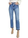 Astylish Women's High Waisted Frayed Hem Straight Leg Ankle Jeans Stretch Denim Pants Blue