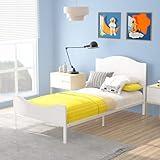 Timy Kids Twin Bed Frame with Wooden Headboard and Footboard, Metal Platform Bed Frame for Boys Girls Teens Adults, Modern Kids Furniture, No Box Spring Needed, White