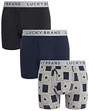 Lucky Brand Mens Boxer Briefs - 3 Pack Soft Cotton Boxers for Men with Functional Fly - Stretch Mens Underwear Boxer Briefs, Size X-Large, Grey Heather/Grey Print/Mood Indigo